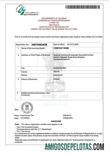 Certificado de registro de IVA da Índia Kachchh para impressão, modelo Word e PDF